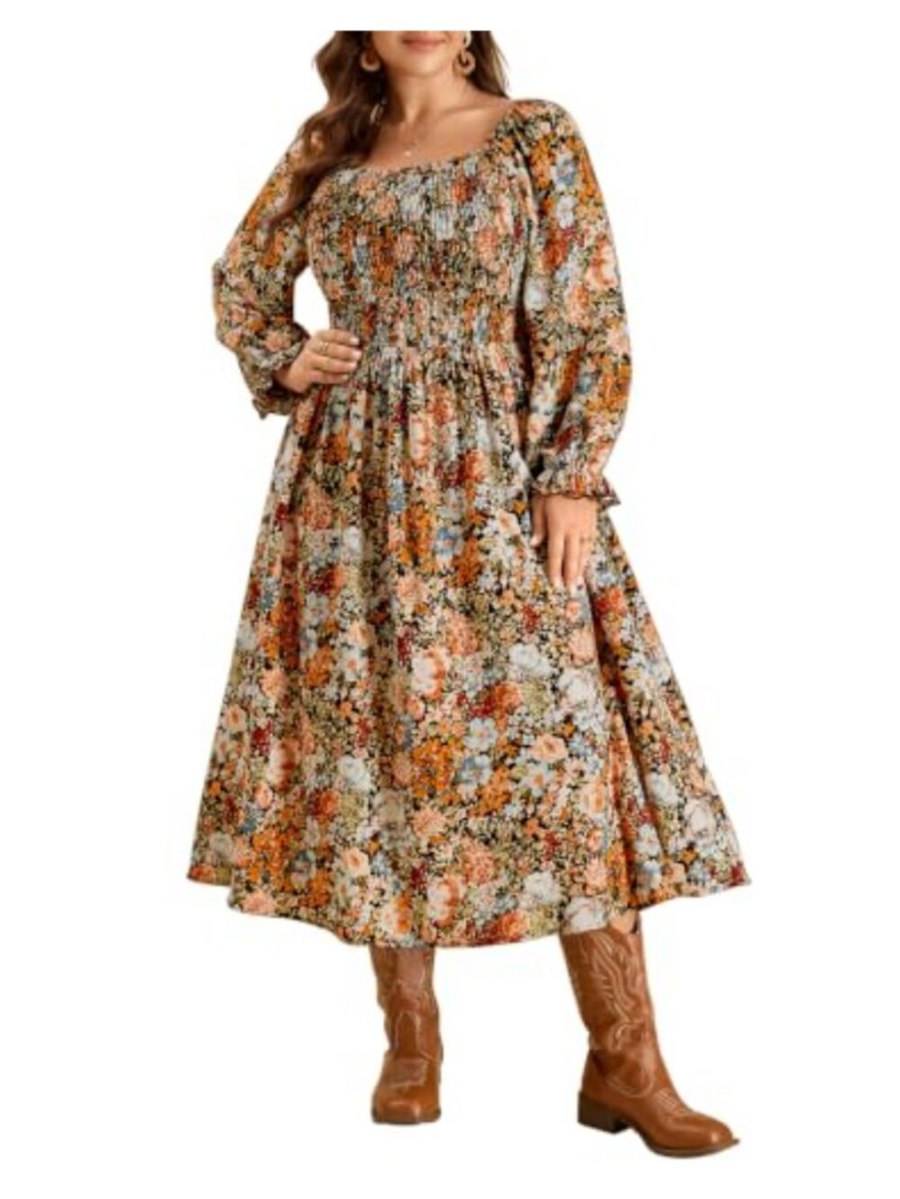 Plus Size Long Sleeve Smocked Floral Maxi Dress Square Neck Flowy A-Line